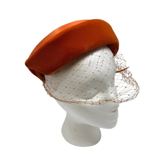 Vintage Orange Velvet Cocktail Hat Feather Trim Veil 1950s 1960s Fascinator - Picture 6 of 8